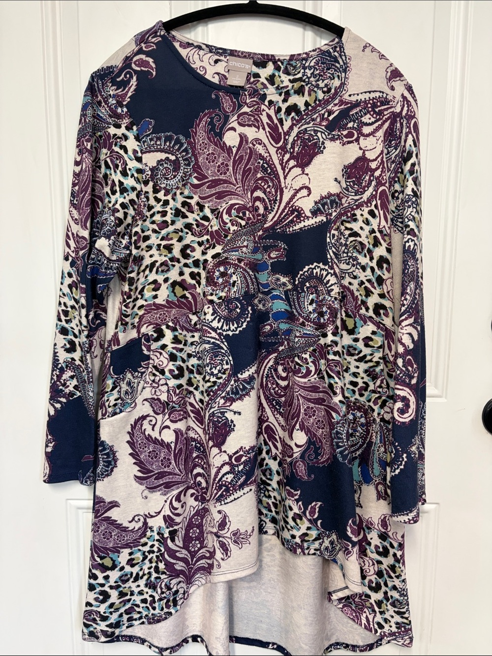 Chico's Navy, Purple & Cream Paisley-Leopard Mix Tunic